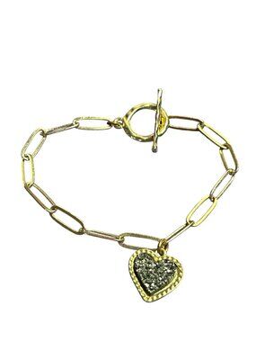 Vintage Goldtone Paperclip Chain Bracelet Grey Faux Druzy Heart Charm 7 inches